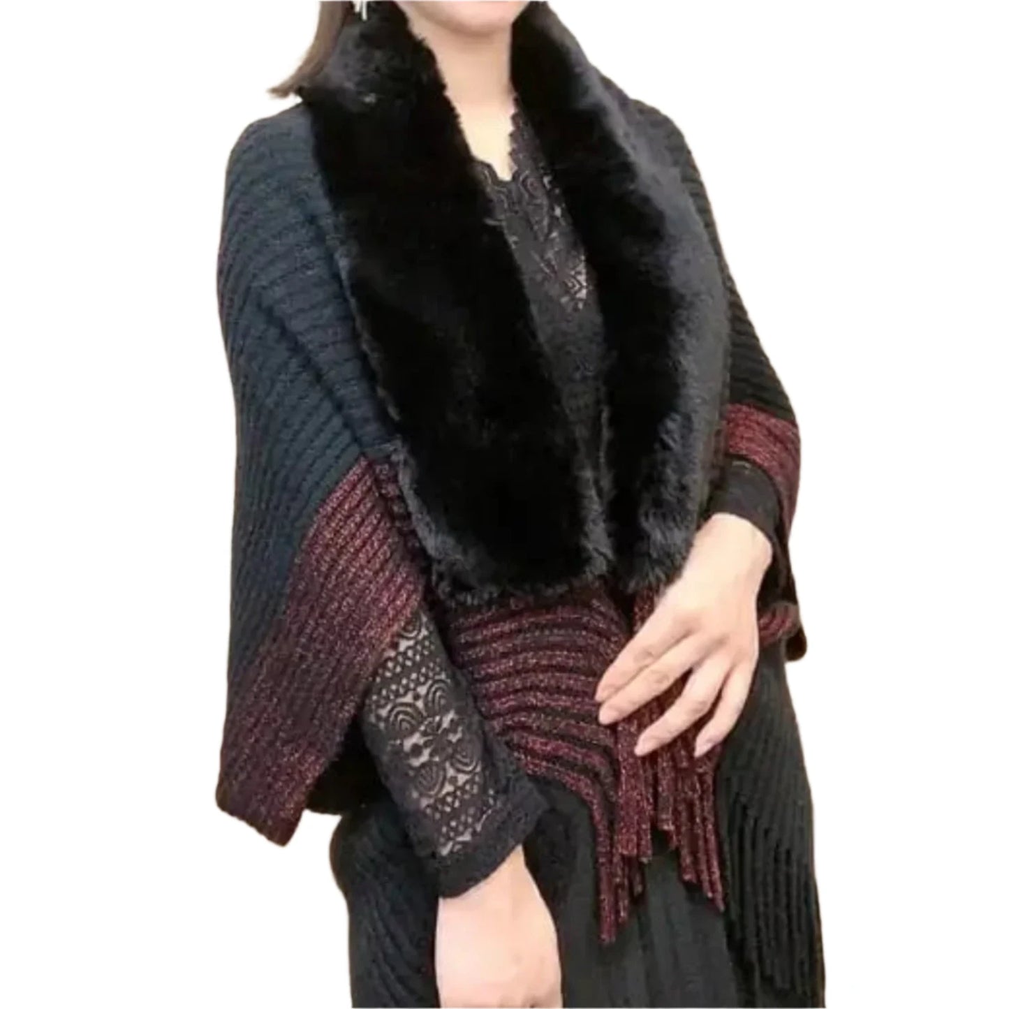 Luxurious Knitted Fringed Fur-Neck Shawl - Stay Cozy and Chic All Winter Long