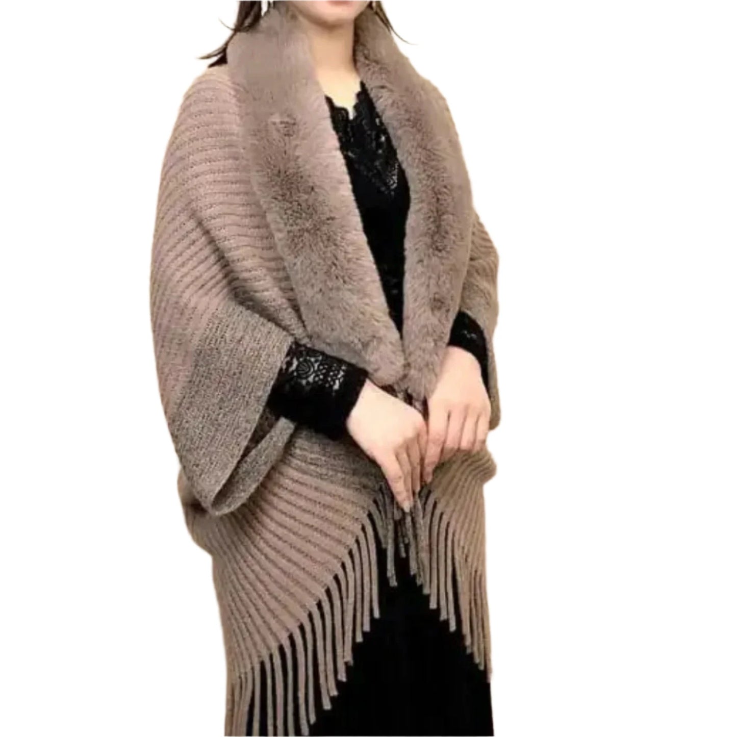 Luxurious Knitted Fringed Fur-Neck Shawl - Stay Cozy and Chic All Winter Long
