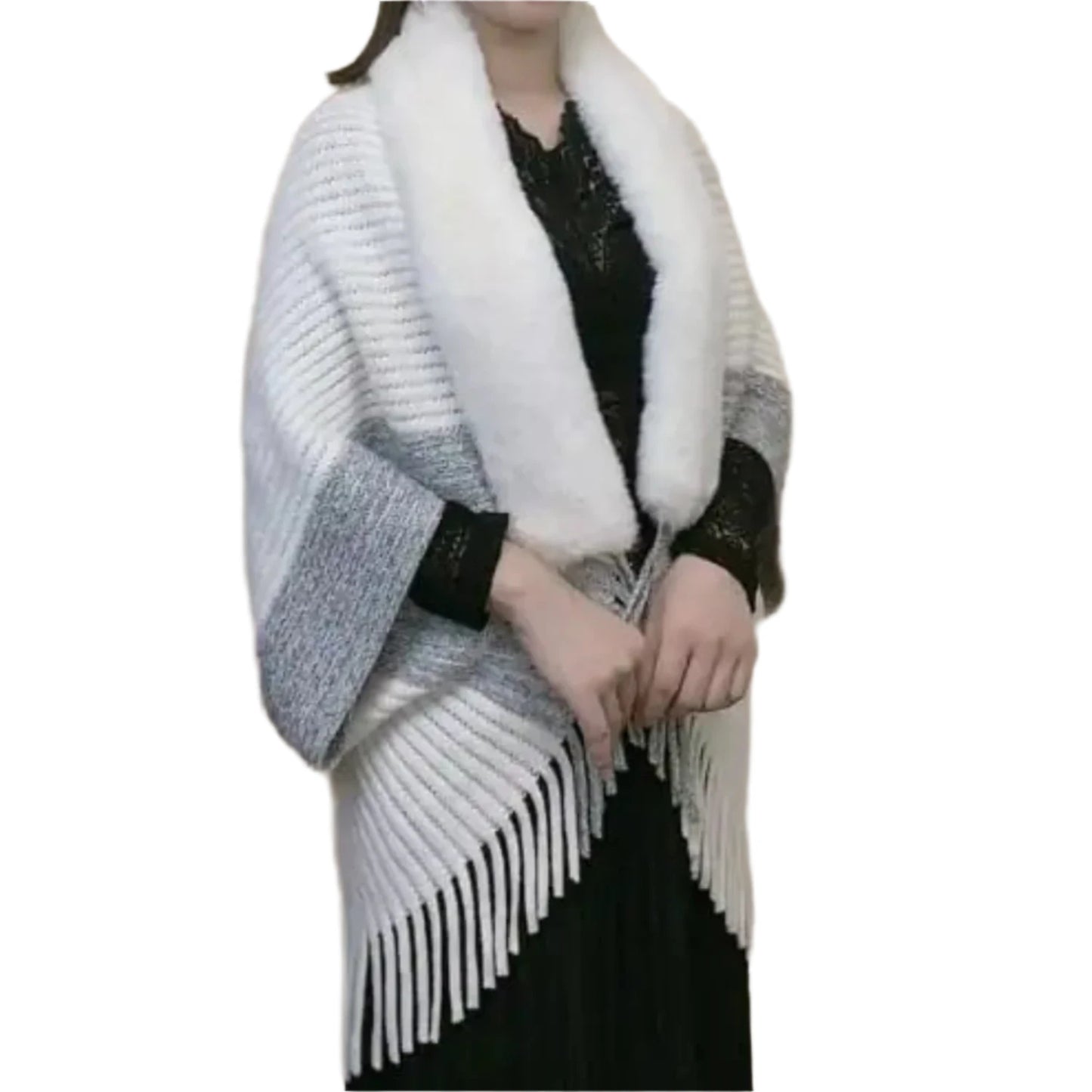 Luxurious Knitted Fringed Fur-Neck Shawl - Stay Cozy and Chic All Winter Long