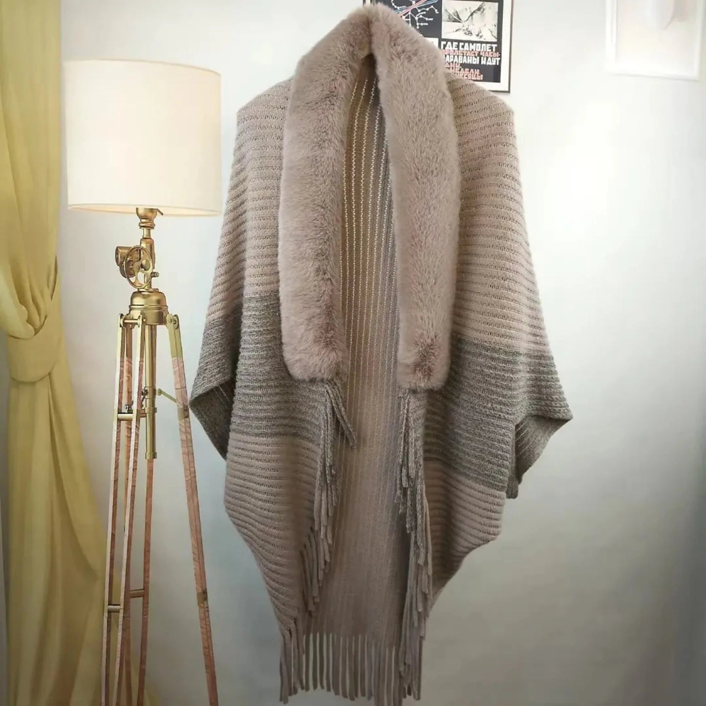 Luxurious Knitted Fringed Fur-Neck Shawl - Stay Cozy and Chic All Winter Long