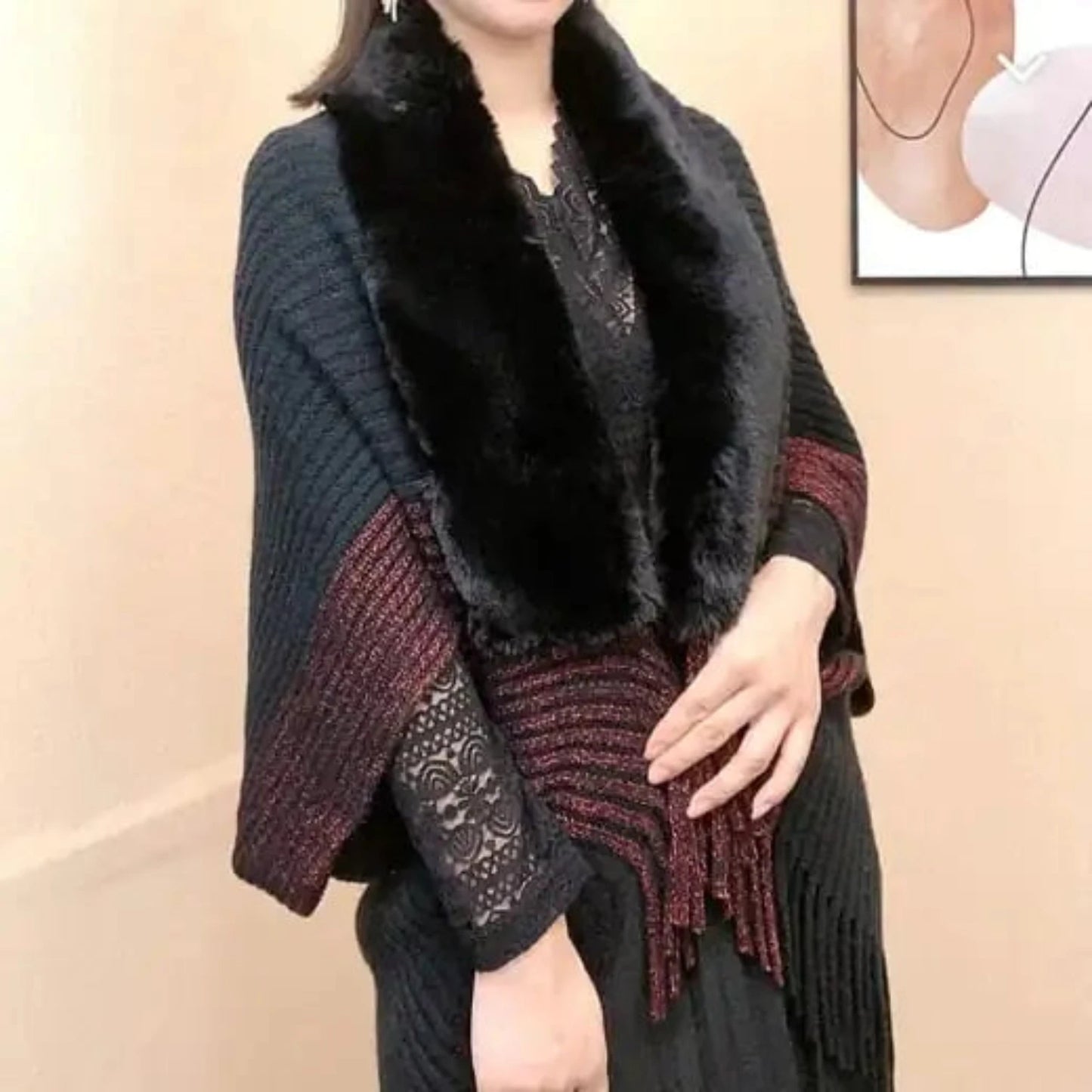 Luxurious Knitted Fringed Fur-Neck Shawl - Stay Cozy and Chic All Winter Long