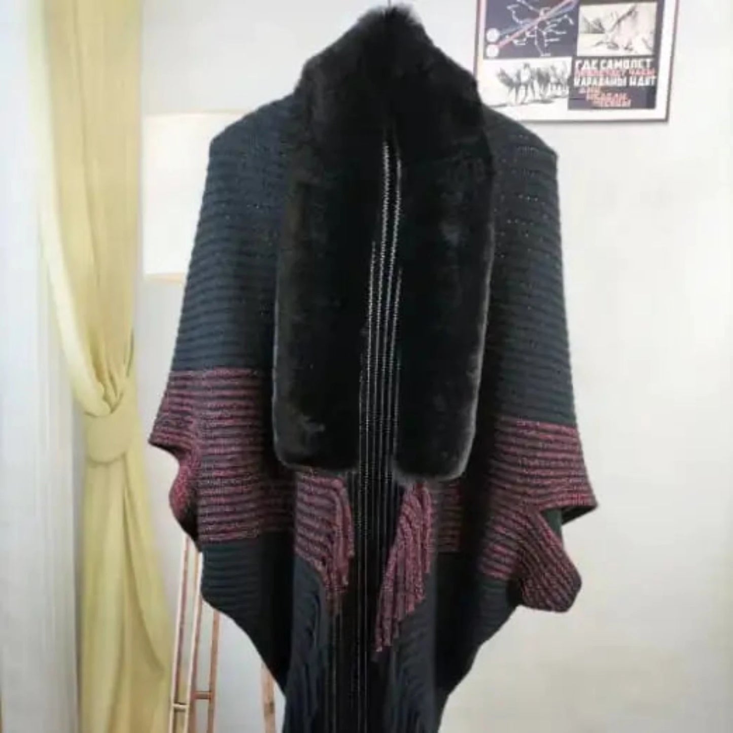 Luxurious Knitted Fringed Fur-Neck Shawl - Stay Cozy and Chic All Winter Long